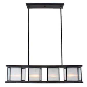 Henessy 34 in. W x 44 in. H 4-Light Black and Brushed Nickel Linear Pendant with Reeded Glass