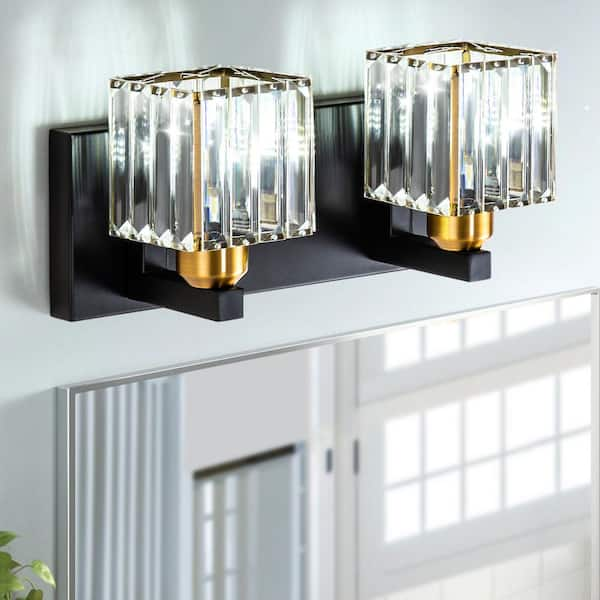 EDISLIVE Orillia 11.8 in. 2-Light Black & Gold Bathroom Vanity Light with Crystal Shades