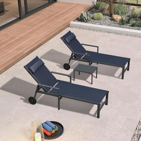 Black Frame Lounge of 2-Pieces Aluminum Outdoor Chaise Lounge with Cushion and Armrests, Navy Blue