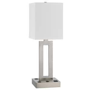 24 in. Nickel Metal Desk Usb Table Lamp with White Drum Shade