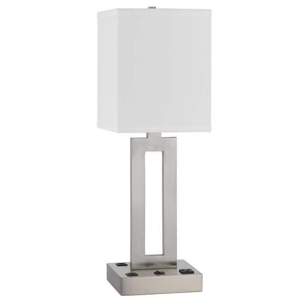 HomeRoots 24 in. Nickel Metal Desk Usb Table Lamp with White Drum Shade