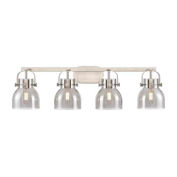 Innovations Pilaster II Bell 36.5 in. 4-Light Satin Nickel Vanity Light with Black Glass Shade