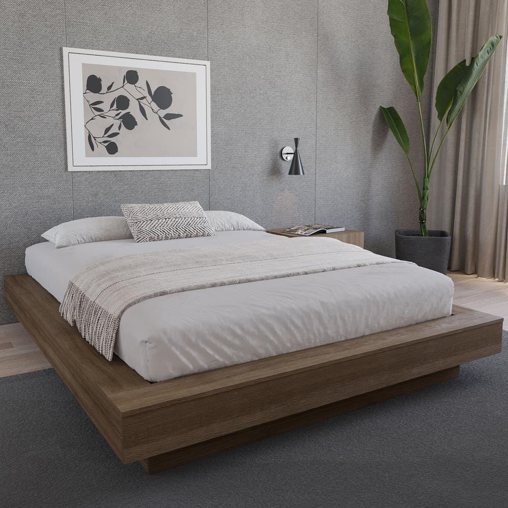 Natural Oak Queen Upholstered Platform Bed Frame