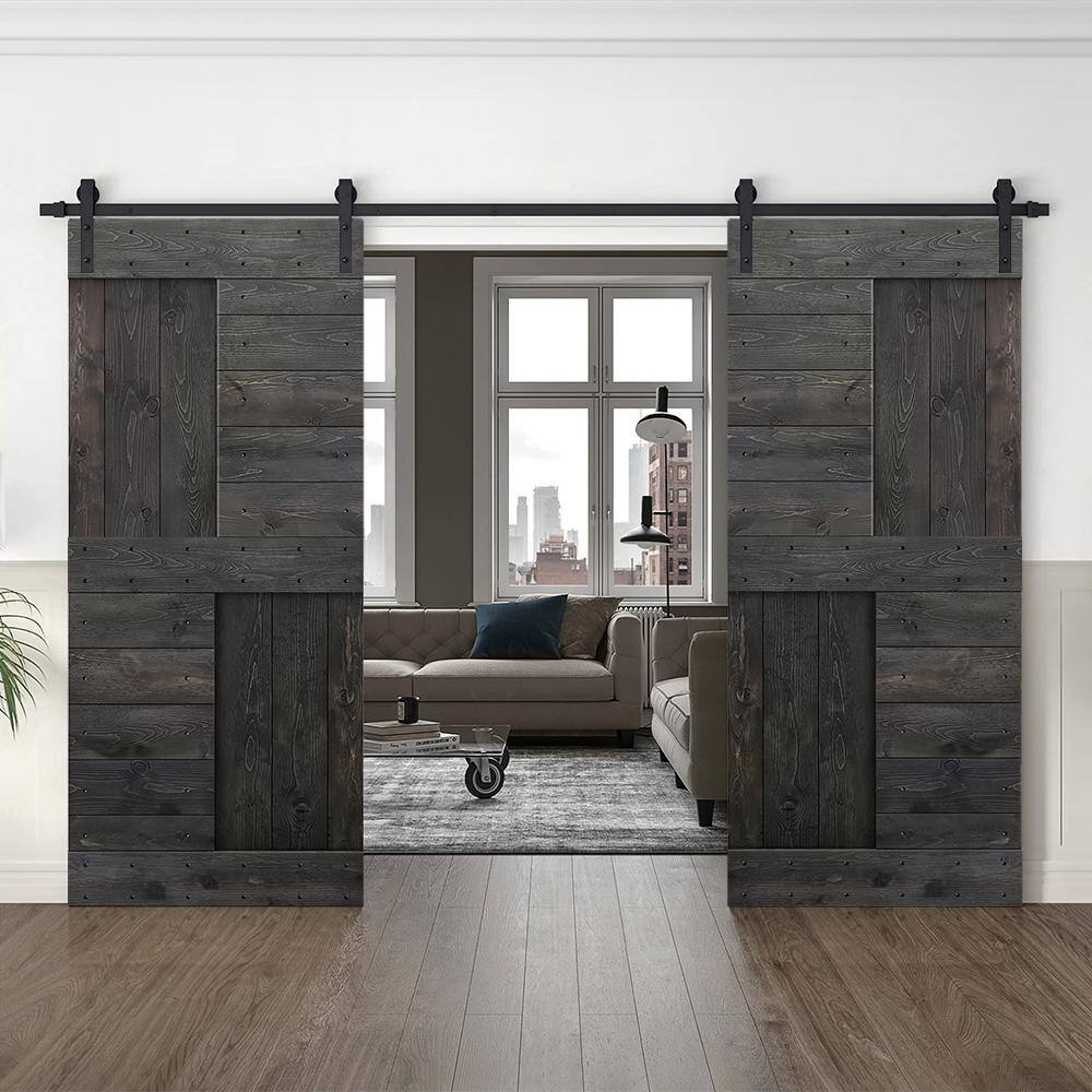 84'' Charcoal Black Solid Wood Barn Door Kit with Matte Black Hardware