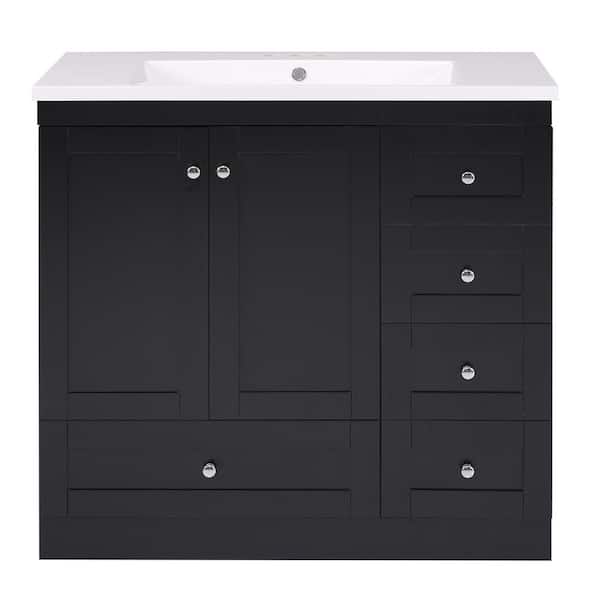 JimsMaison 36 in. W x 18 in. D x 34.5 in. H Single Sink Freestanding Bath Vanity in Black with White Resin Top