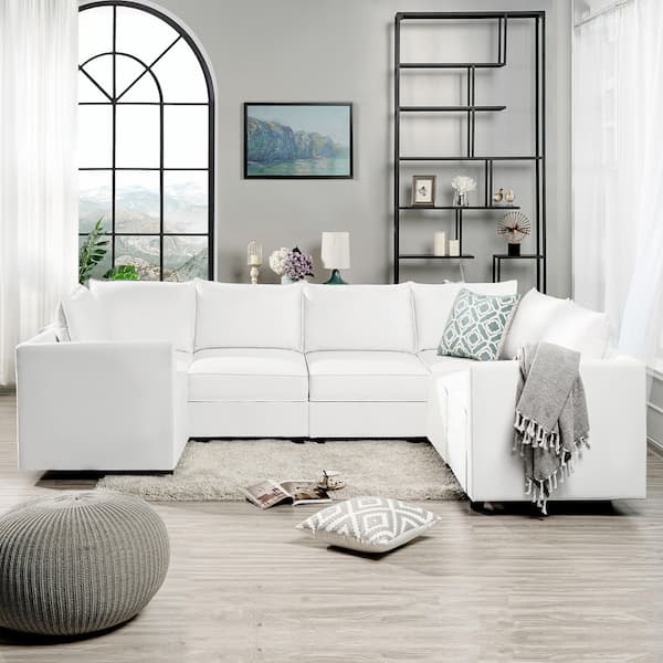 112.8 in. Modern 7-Piece Linen Upholstered U-Shaped Sectional Sofa in White Down with Convertible Sleeper Function