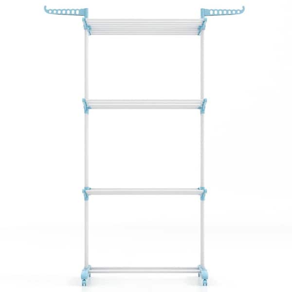 3-Tier Navy Plastic Folding Clothes Drying Rack with Rotatable Side Wings and Collapsible Shelves Free Standing