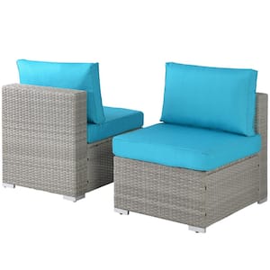 Gray 2-Piece Wicker Outdoor Chaise Lounge Sofa Chair with Blue Cushions
