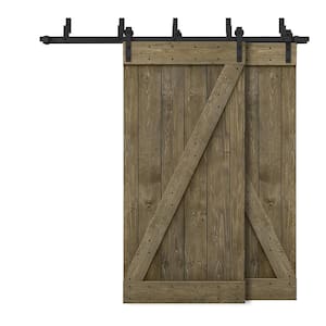 56 in. x 84 in. Z-Bar Bypass Aged Barrel Stained DIY Solid Wood Interior Double Sliding Barn Door with Hardware Kit