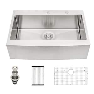 33 in. Farmhouse/Apron Front Single Bowl 16-Gauge Stainless Steel Round Corner Kitchen Sink with Strainer