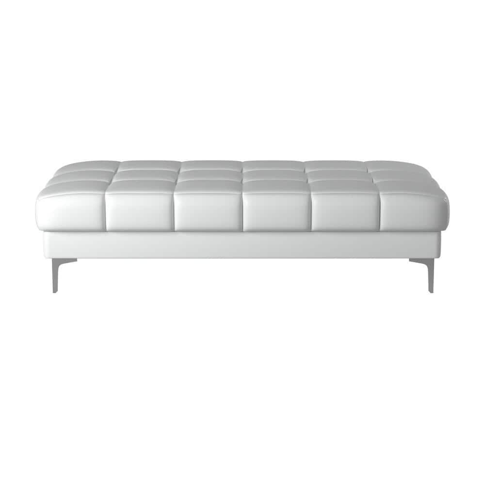 Contemporary Tufted White Leather Rectangular Accent Ottoman