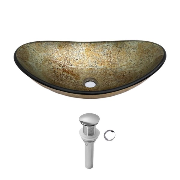 21.46 in. L x 14.09 in. H Above Countertop Oval Light Gold Bathroom Glass Vessel Sink Art Basin Lavatory with Drainer