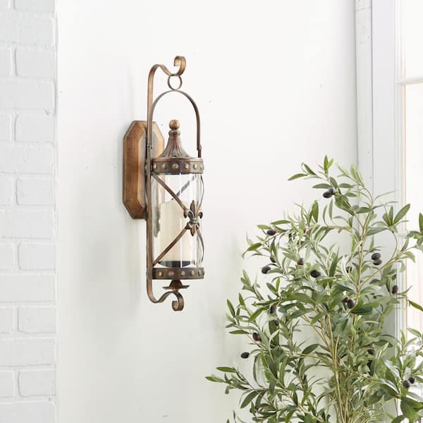 Litton Lane 20 in. Bronze Glass Studded Wall Sconce with Fleur De Lis