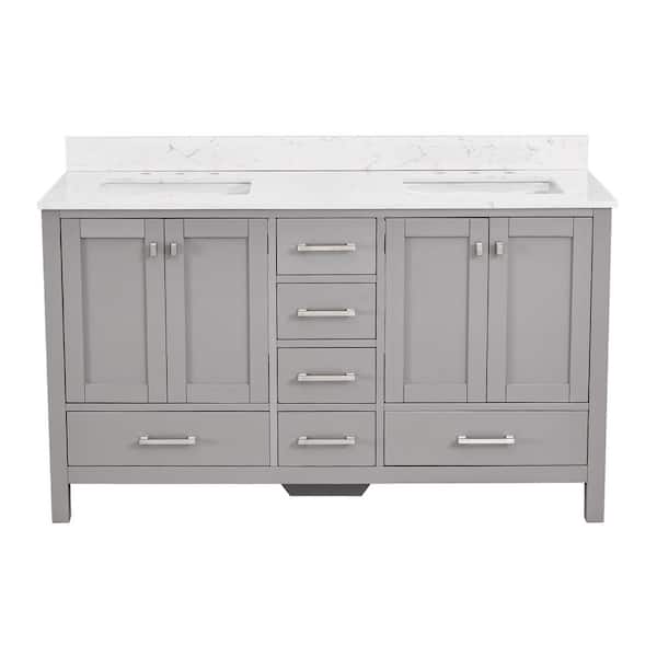 Bath Mist 60 in. W. Double Sink Freestanding Bath Vanity in Gray with White Engineered Top