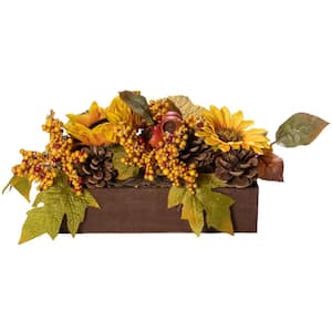 12 in. Artificial Yellow and Brown Sunflowers and Leaves Spring Floral Arrangement