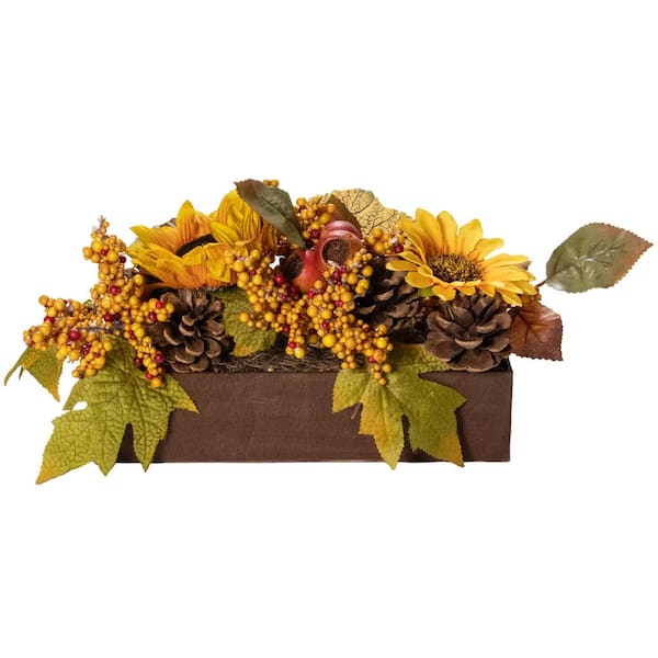Northlight 12 in. Artificial Yellow and Brown Sunflowers and Leaves Spring Floral Arrangement