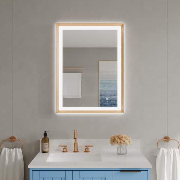 24 in. W x 32 in. H Rectangular Framed Dimmable Defogging Front Backlit LED Light Bathroom Vanity Mirror in Brushed Gold