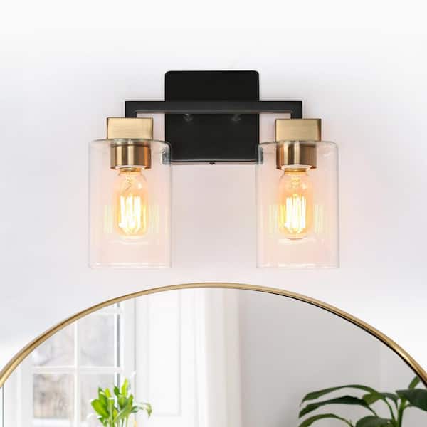 12 in. 2-Light Brass Vanity Light for Bathrooms, Clear Glass Black Bath Lighting, Modern Farmhouse Indoor Wall Sconce