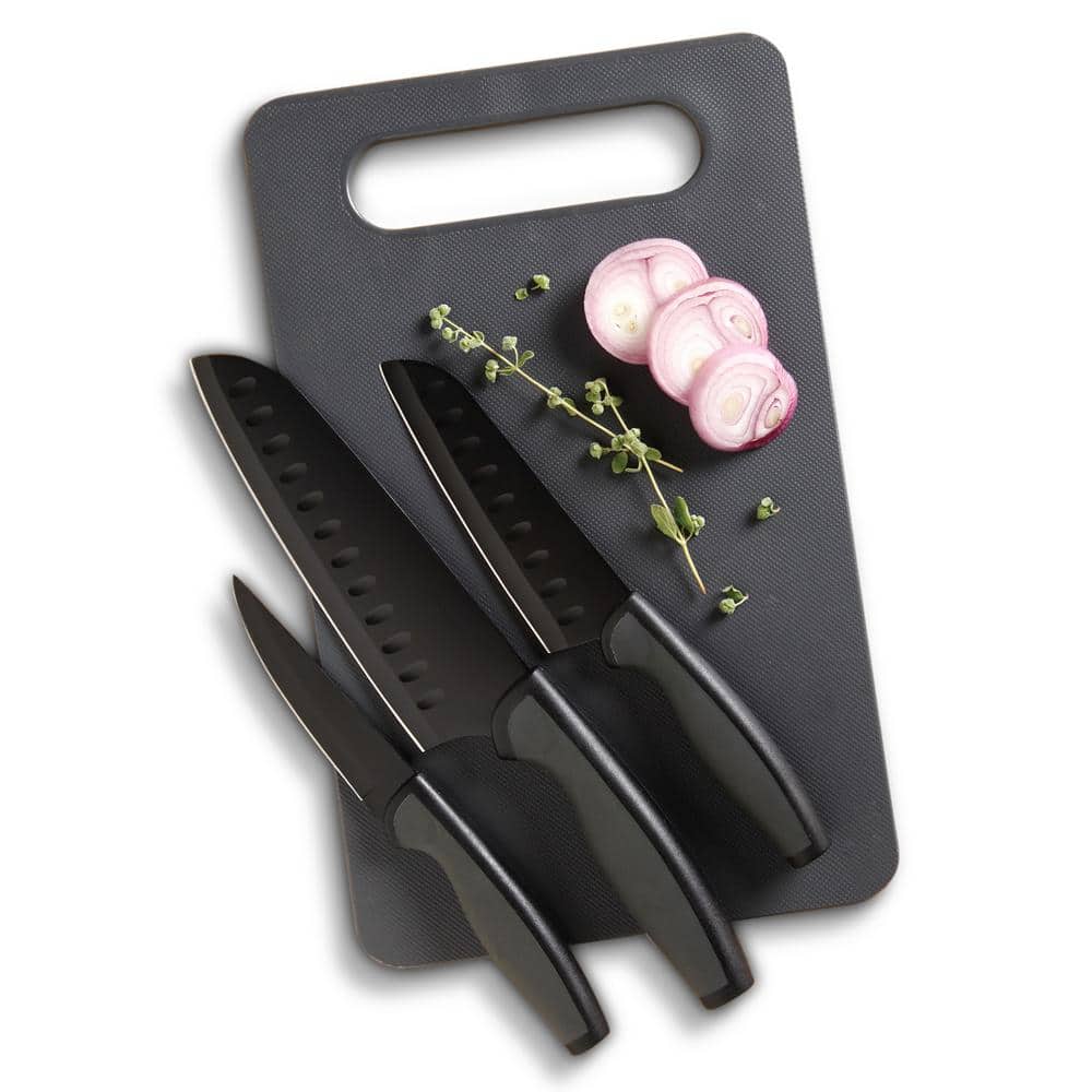 Black Polycarbonate Handle Stainless Steel Knife Set with Cutting Board