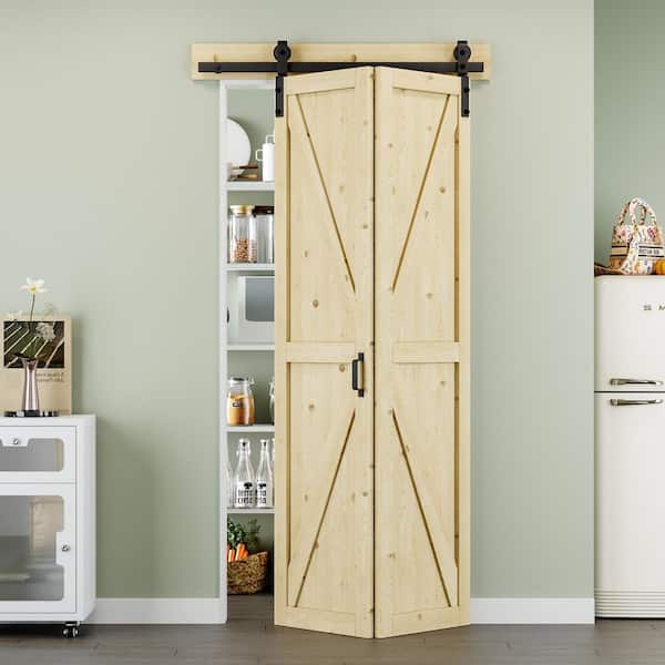 ARK DESIGN 40 in. x 84 in. Paneled K Shape Solid Pine Wood Unfished Bi-fold Sliding Barn Door with Hardware Kit and Headerboard