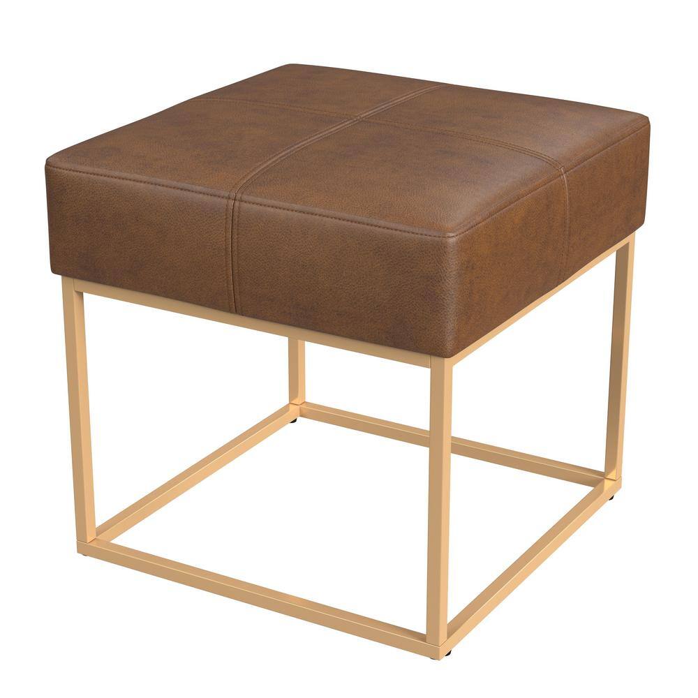 Small Brown Faux Leather Ottoman with Metal Frame