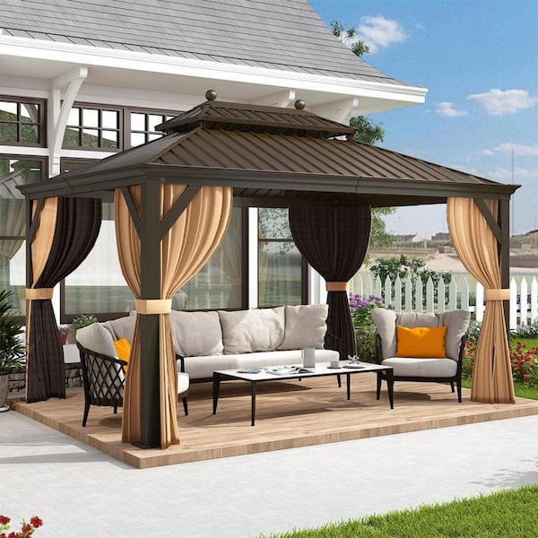 PURPLE LEAF 10 ft. x 14 ft. Bronze Aluminum Hardtop Gazebo Canopy for Patio Deck Backyard Heavy-Duty with Netting and Curtains