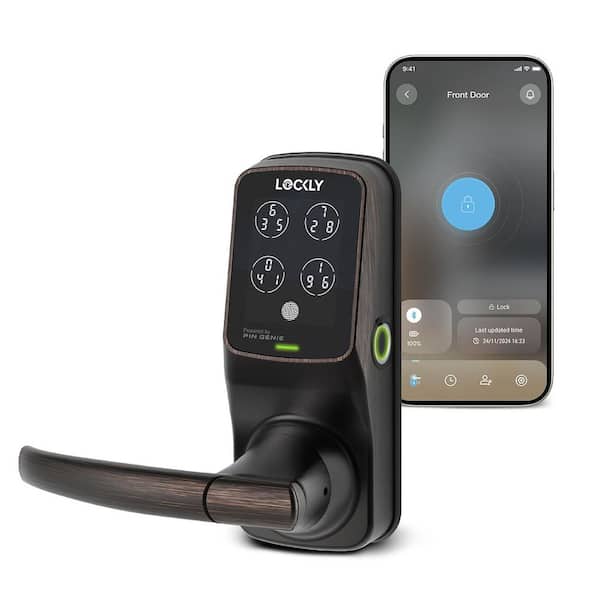 Secure Plus Venetian Bronze Spring-Loaded Latchbolt Smart Lock With Lever Door Handleset, Fingerprint, Keypad, Bluetooth