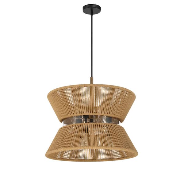 Serena 60-Watt 6 Light Flat Black/Walnut Pendant Light with Clear Glass & Wrapped Hemp Rope Frame, No Bulbs Included