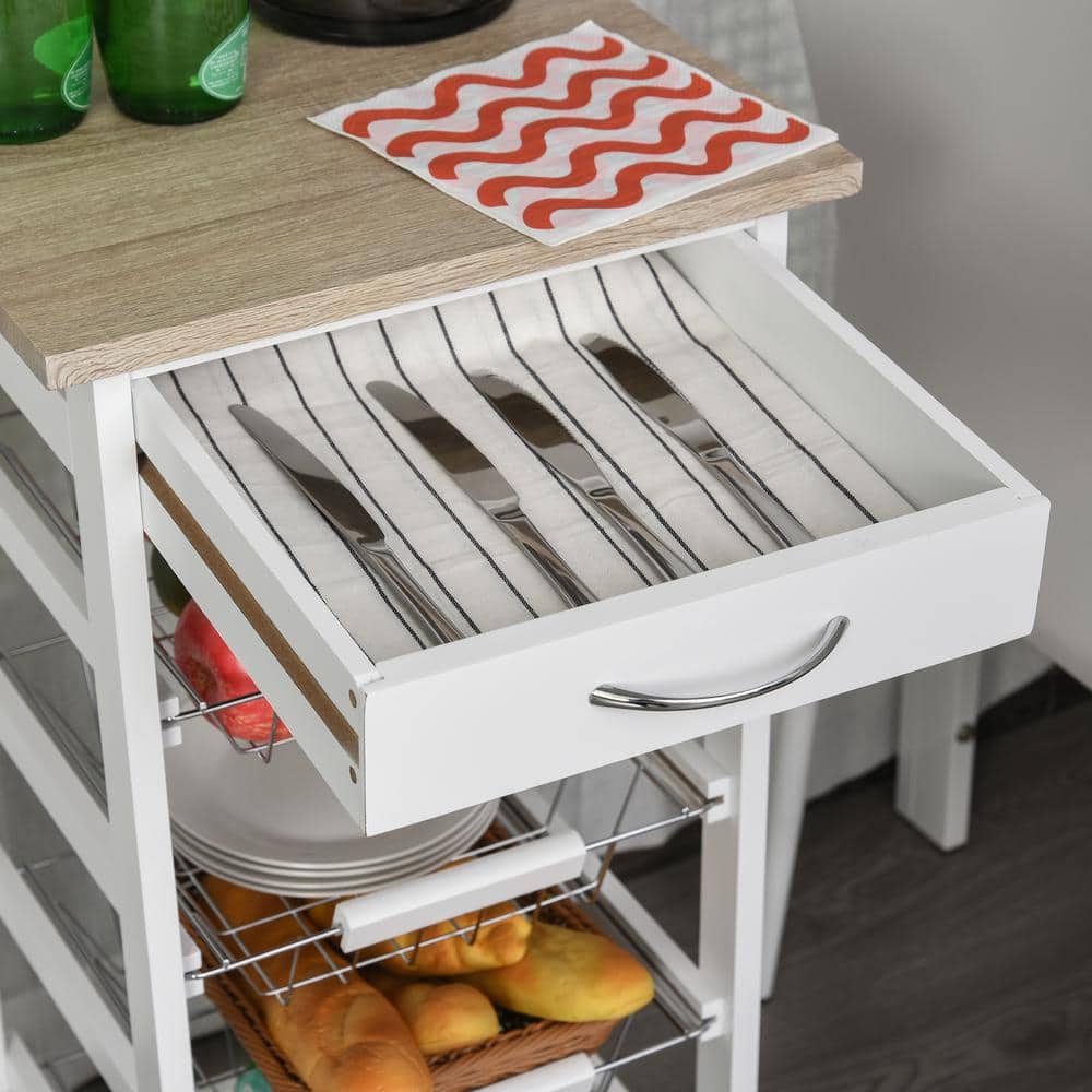 White Wood Kitchen Cart with Storage and Spice Rack
