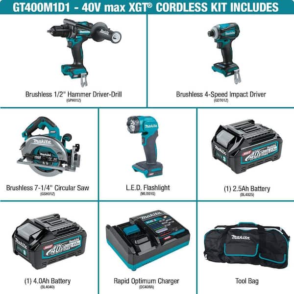 40V Max Cordless XGT Brushless 4-Pc. Combo Kit 2.5Ah/4.0Ah with XGT Brushless 1-1/8 in. Rotary Hammer (D-Handle), AFT