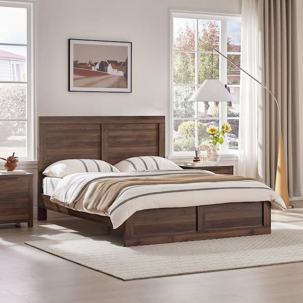 Talia Walnut Wood Frame Full Platform Bed with High Headboard Design, Solid Wood Legs, Sound-Absorbing Foam for Bedroom