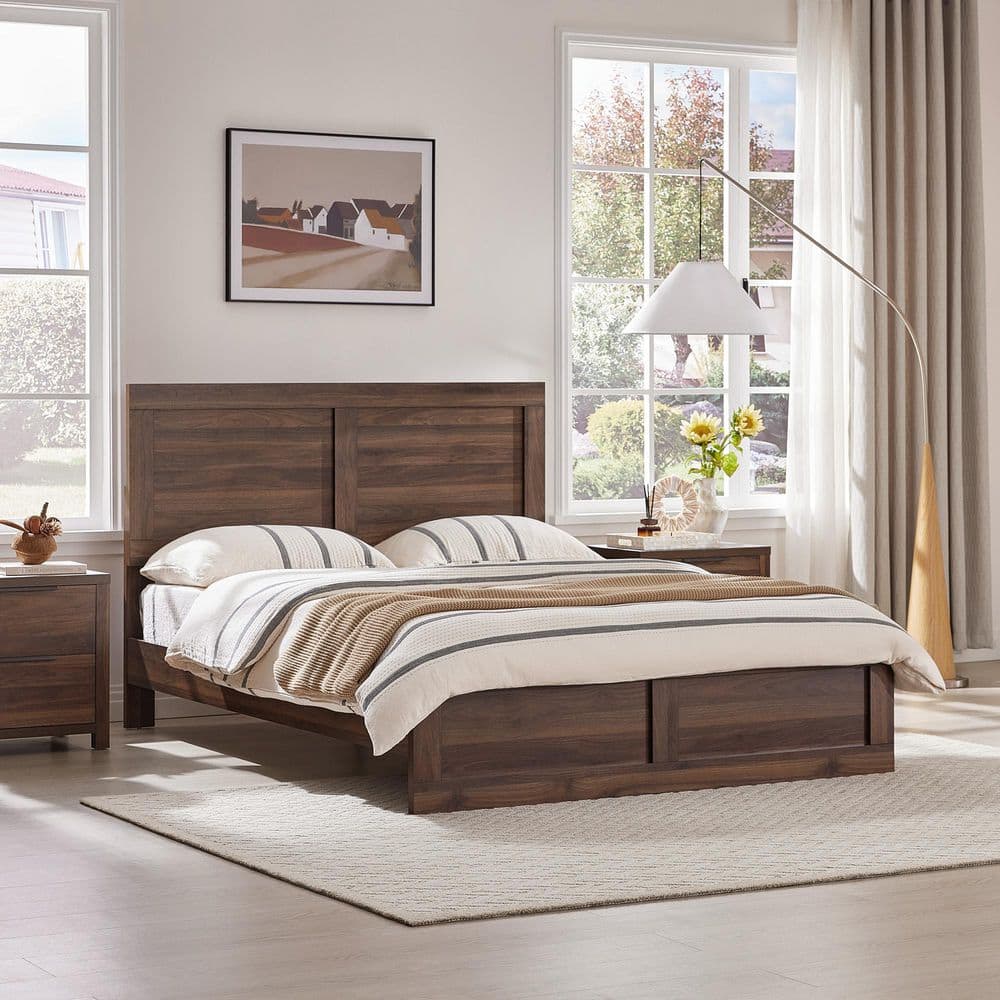 Talia Brown Wood Frame Queen Platform Bed with High Headboard Design, Solid Wood Legs, Sound-Absorbing Foam for Bedroom price history on PriceWatchPro
