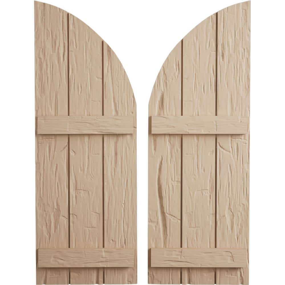 16-1/2 in. x 62 in. Polyurethane Hand Hewn Three Board Join.ed Board-n-Batten Quarter Arch Top Shutters Primed Tan price history on PriceWatchPro