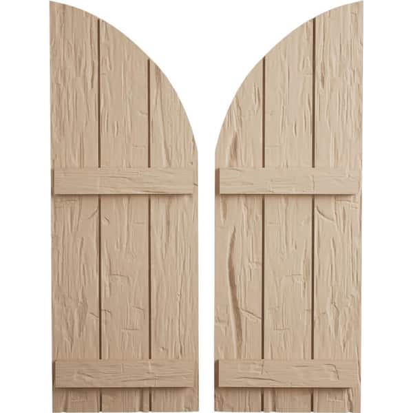 Ekena Millwork 16-1/2 in. x 74 in. Polyurethane Hand Hewn 3-Board Joined Board-n-Batten Quarter Arch Top Shutters Primed Tan
