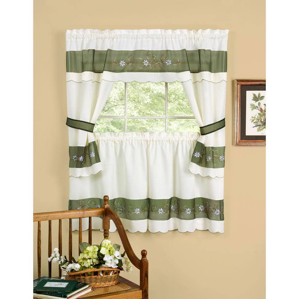 Green and White Floral Embellished Cottage Curtain Set, 58 x 24