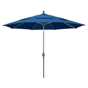 11 ft. Hammertone Grey Aluminum Market Patio Umbrella with Crank Lift in Regatta Sunbrella