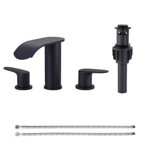 8 in. Widespread Double Handle Waterfall Bathroom Faucet with Pop-up Drain in Matte Black