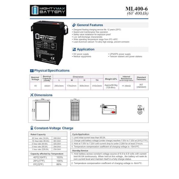 MIGHTY MAX BATTERY 6V, 400Ah, AGM, INT Terminal, Replacement