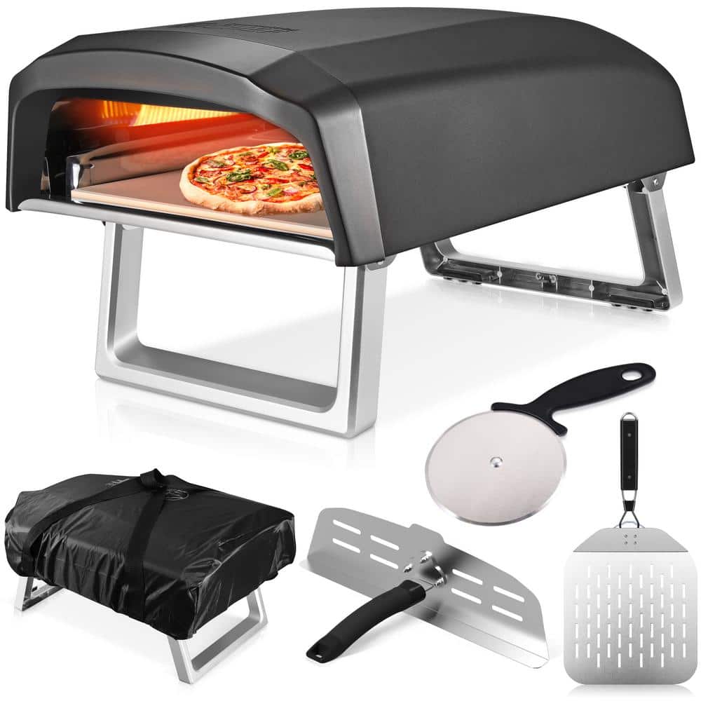Commercial CHEF Portable Propane Gas Outdoor Pizza Oven with Baffle Door, Peel, Stone, Cutter, and Carry Cover (L-Shaped Burner), Dark Gray
