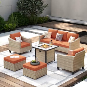 Oconee Beige 6-Piece Outdoor Patio Fire Pit Conversation Sofa Seating Set with Orange Red Cushions