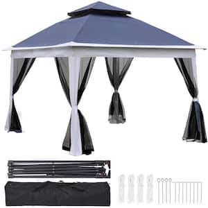 11 ft. x 11 ft. Blue Outdoor Pop Up Gazebo Canopy with Removable Zipper Netting, 2-Tier Soft Top Event Tent