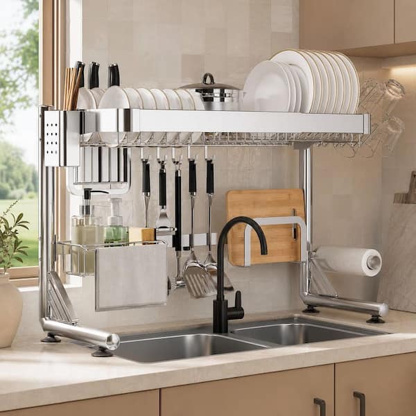 Silver Over The Sink Dish Drainer Drying Rack, 2-Tier Adjustable Large Over Sink Dish Drying Rack for Kitchen Counter