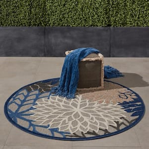 Aloha Blue/Multicolor 4 ft. x 4 ft. Round Floral Modern Indoor/Outdoor Patio Area Rug
