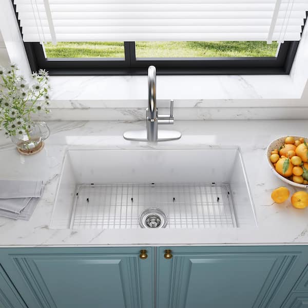 32 in. Undermount Single Bowl White Fine Fireclay Kitchen Sink with Bottom Grid and Strainer Basket