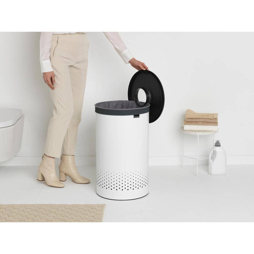 White Plastic Upright Laundry Hamper with Lid