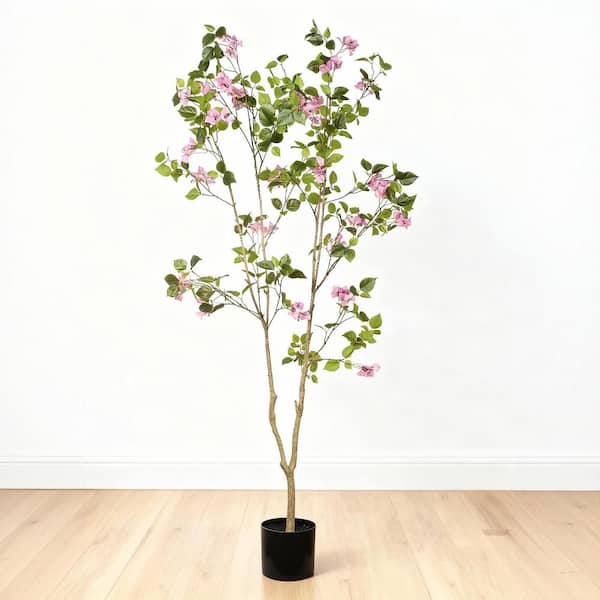 Brittany Indoor Nearly 6 ft. Artificial Bougainvillea Tree with Black Plastic Pot, Potted Faux Plant