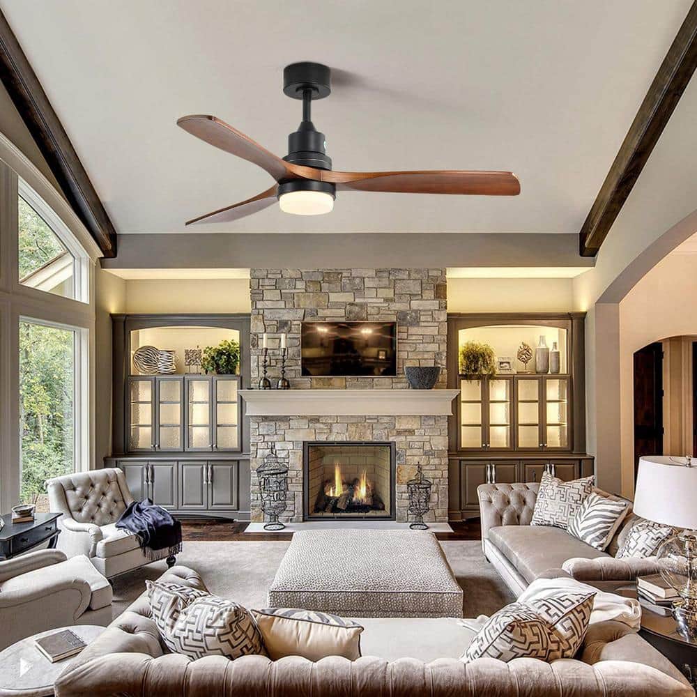 52" Black and Dark Wood-Grain Modern Ceiling Fan with Remote