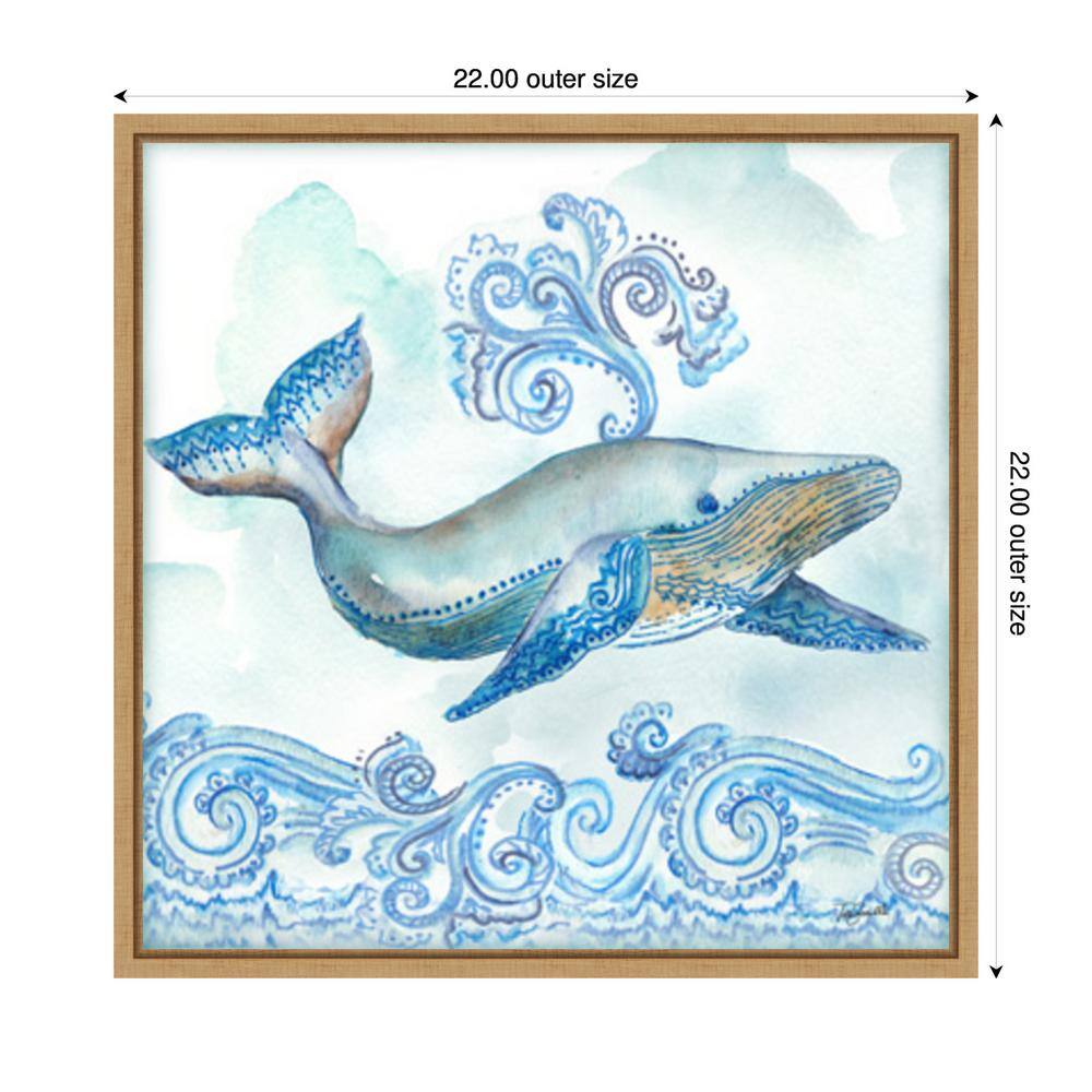 Boho Shells II Whale Blue Canvas Print with Maple Frame