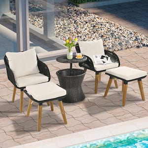5-Piece Metal Frame Patio Conversation Set with Wicker Cool Bar Table, Ottomans and Beige Cushions