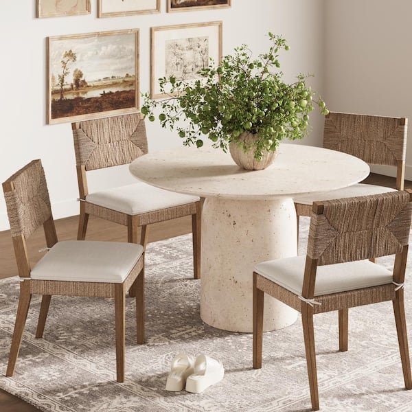 Beacon Wire Brushed Light Brown Foam Seat and Cream Boucle Dining Chair w/ Seagrass Accent & Solid Wood Legs (Set of 4)